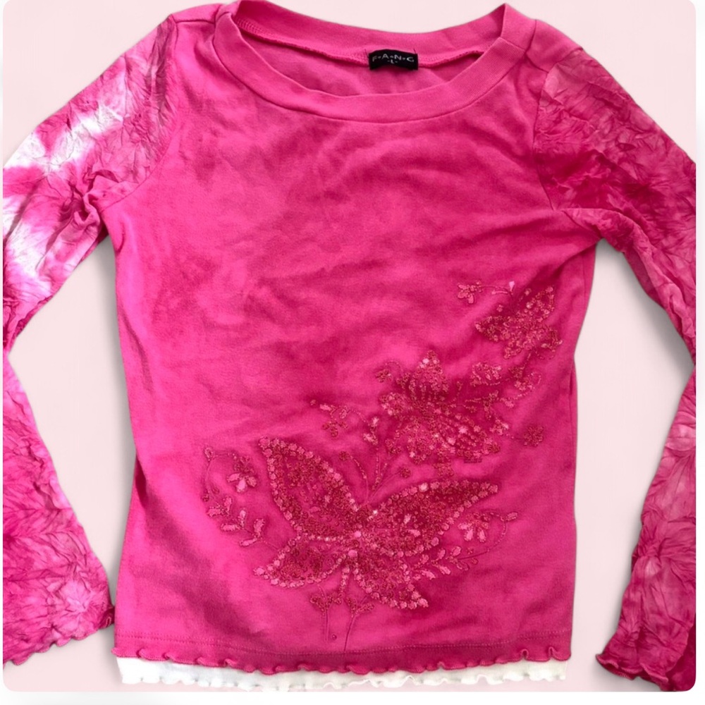 FANG Hot Pink Long Sleeve Tee with Embellished Floral Design